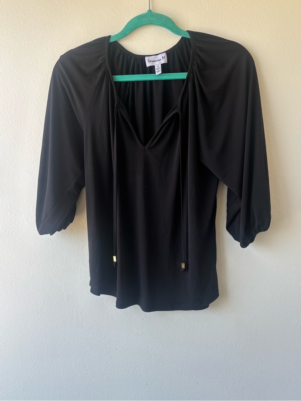 Veronica M Black V-Neck Peasant Blouse with Tie